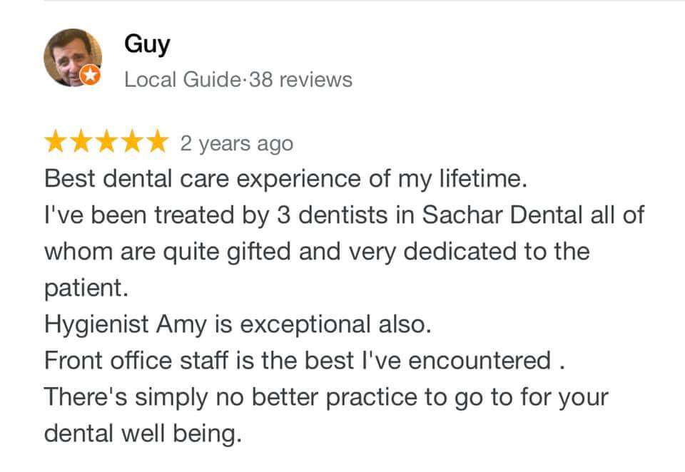 Picture of a review written by patient of Sachar Dental NYC on Google