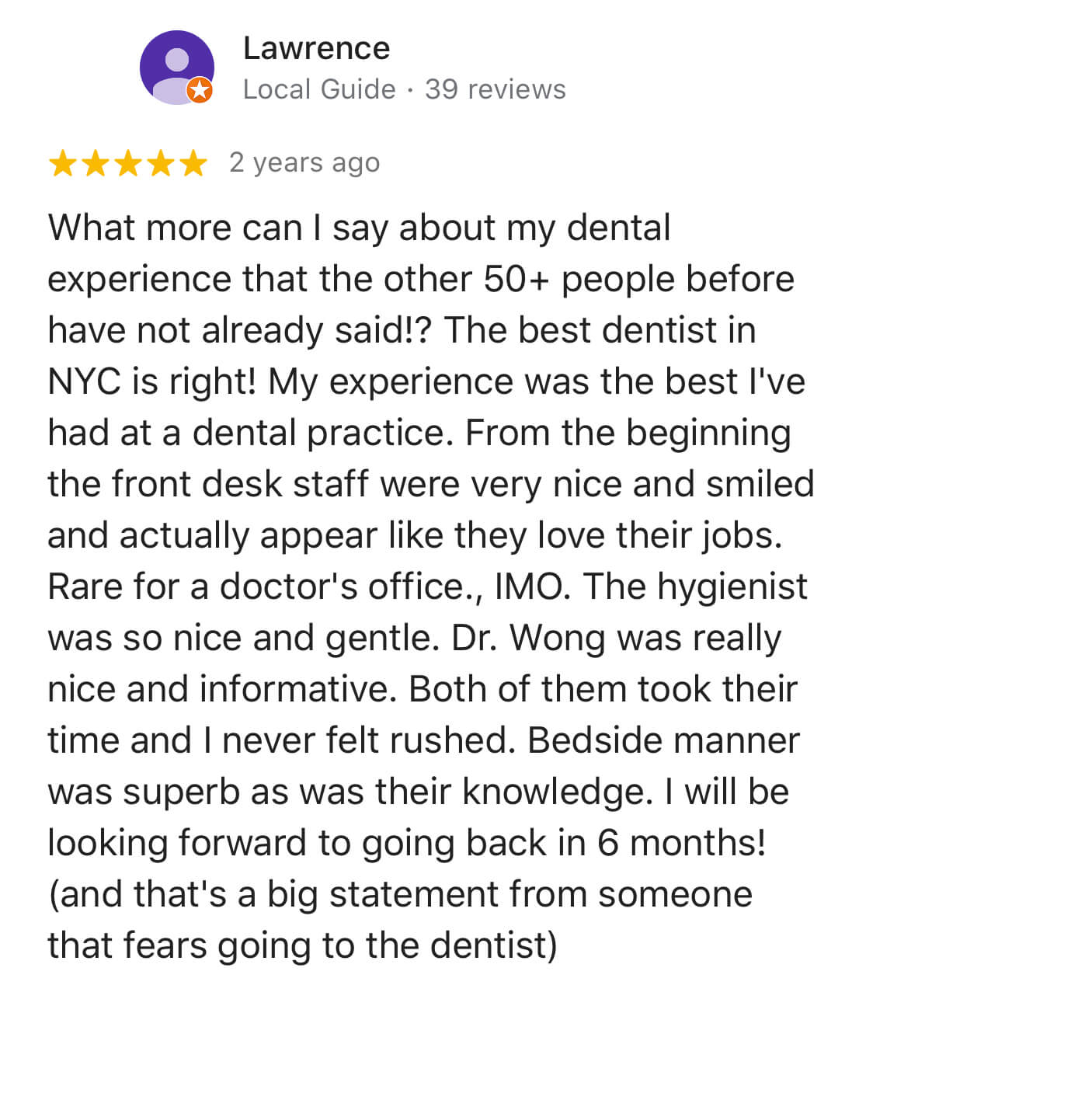 picture of 5 star review of Sachar Dental NYC