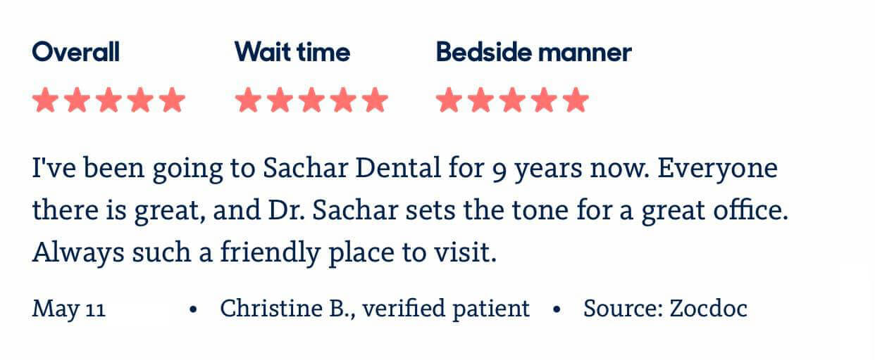 picture of 5 star review of Sachar Dental NYC