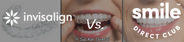 Picture of Invisalign trays in the background with logos for smile direct club and Invisalign indicating Invisalign vs smile direct club