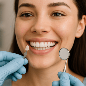 Cosmetic Dentistry in NYC A smiling woman undergoing a shade matching procedure during a cosmetic dentistry appointment in NYC.