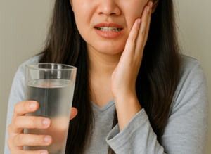 Woman holding cold water and touching cheek while managing sensitive teeth