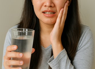 Managing Sensitive Teeth Woman holding cold water and touching cheek while managing sensitive teeth